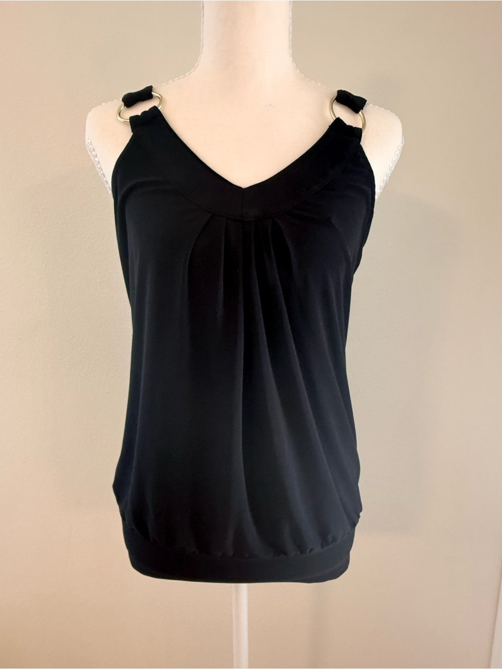 White House Black Market Black V-Neck Tank with Ring-Strap Detail